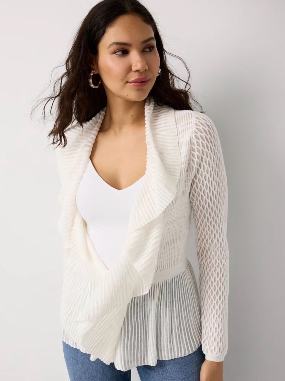 WHBM NWOT Women's Off White Long Sleeve Pointelle Peplum Sweater Cardigan Size s